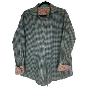 Robert Graham Button Down‎ Shirt Mens XL Green & Blue Geometric Flip Cuff Preppy